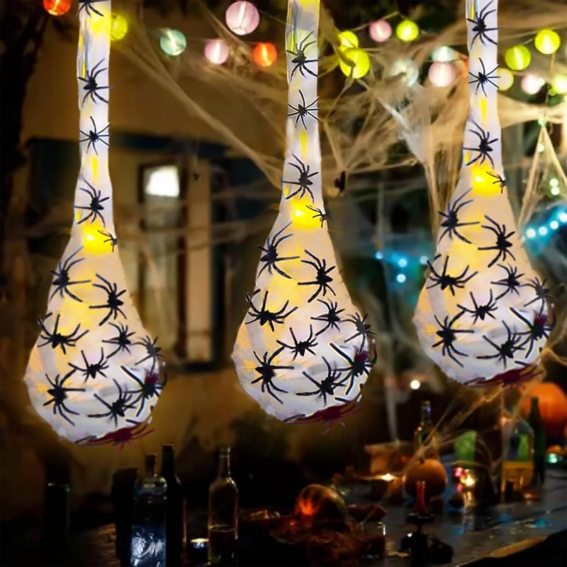 3 Pack Hanging Light Up Spider Egg, Halloween Decoration, Sacs Large Halloween Spider and Spider Web with Solar String Light Spider Props for Halloween Indoor Outdoor Party Decor2