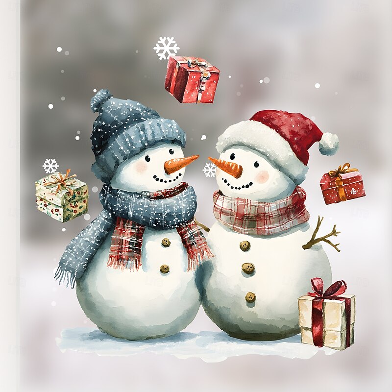 Christmas Sticker Static Cling UV Snowman Gift Removable Vinyl Mural Holiday Atmosphere Glass Window Door Self Adhesive Decoration For Christmas Festival Home Party Background