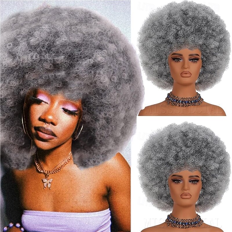 Afro Wig 70s Curly Wigs for Black Women Glueless Afro Wigs Large Bouncy and Soft Natural Looking Full Wigs Big Afro Puff Wig With Bangs Synthetic Hair Afro Wig for Daily (Dark Gray)