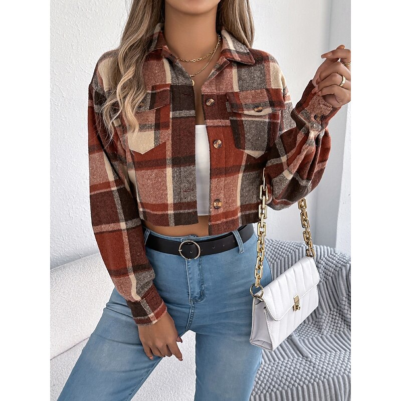 Women's Casual Jacket Shacket Comfortable Breathable Pocket Buttons Print Casual Plaid Vacation Street Casual Daily Wear Single Breasted Short Turndown Regular Fit Long Sleeve Outerwear Orange Green4