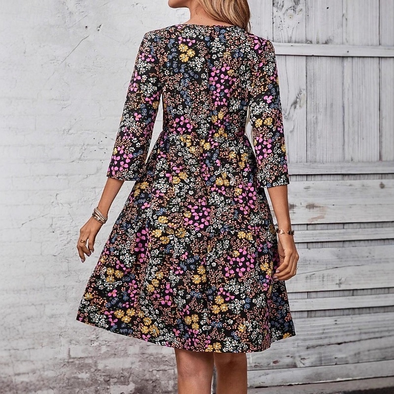 Women's Mini Dress Floral Dress Print Dress Modern Outdoor Vacation Going out Regular Fit Floral 3/4 Length Sleeve Crew Neck Black Spring Fall3