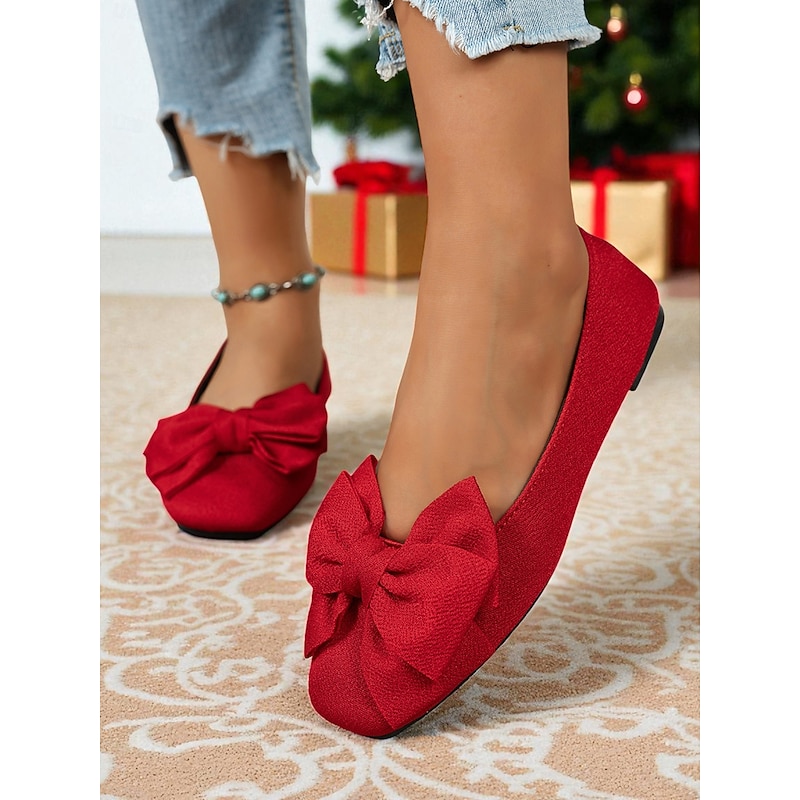 Women's Red Bow Flat Shoes – Elegant Slip On Ballet Flats for Christmas Parties, Weddings and Daily Wear