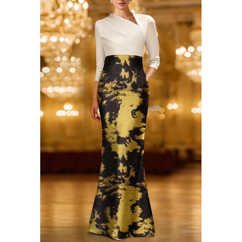 Gold Black Mermaid / Trumpet Evening Gown Elegant Formal Dress Formal Wedding Floor Length Half Sleeve V Neck Pocket Satin with Floral Print 2025