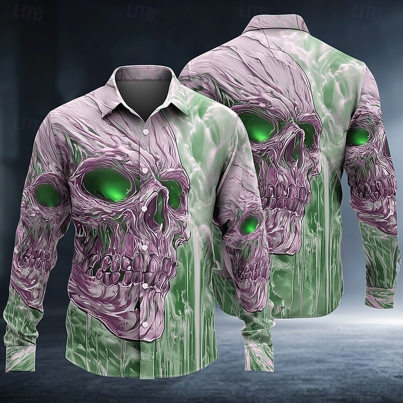 Halloween Men's Frozen Ice skull Shirt Button Up Shirt Long Sleeve Dark Gothic Style Holiday Streetwear Spring Fall Turndown 3D Print Collared Shirts Pink Blue Purple Green2