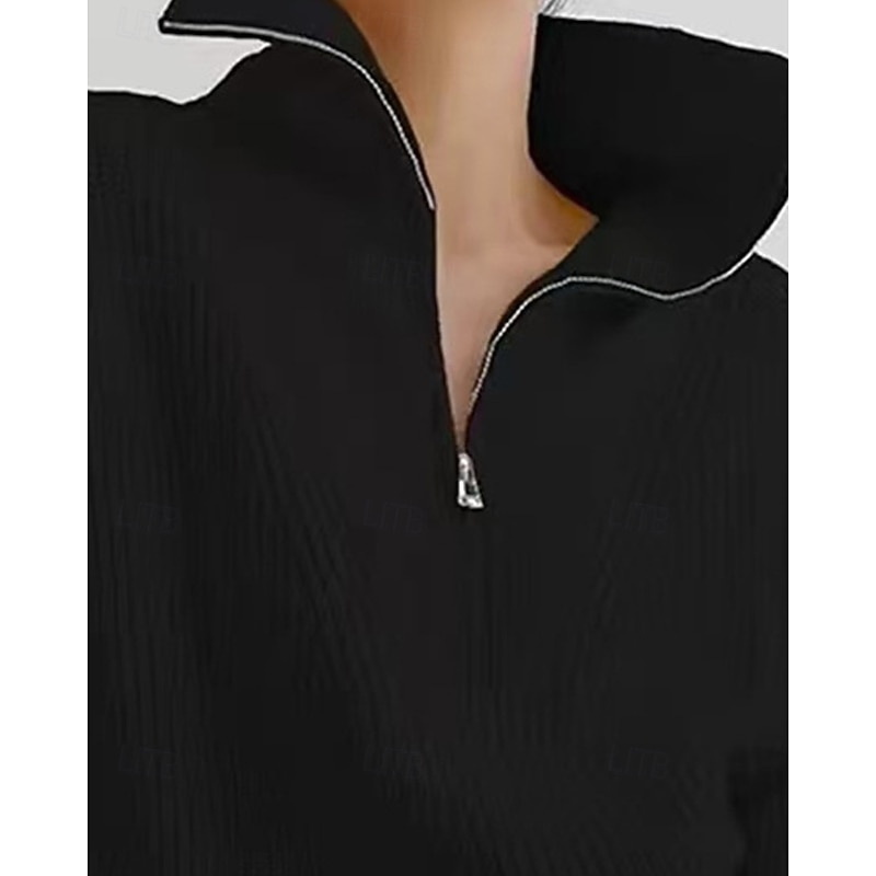 Women's Sweater Fashion Streetwear Casual Solid Color Ribbed Half Zip Knitted Long Sleeve Regular Tops Knit Outdoor Daily Weekend Black Fall Winter2