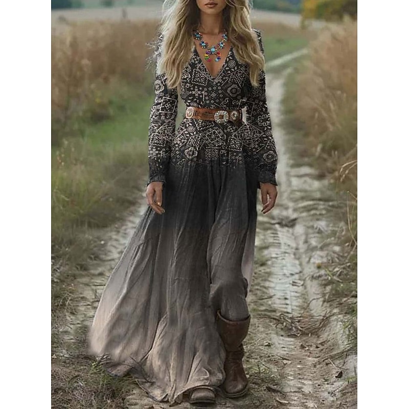 Women's Maxi Dress A Line Dress Pleated Dress Fit And Flare Dress Vacation Casual Boho Date Going out Regular Fit Floral Graphic Geometric Long Sleeve V Neck Light Green Blue Gray Spring Fall Winter