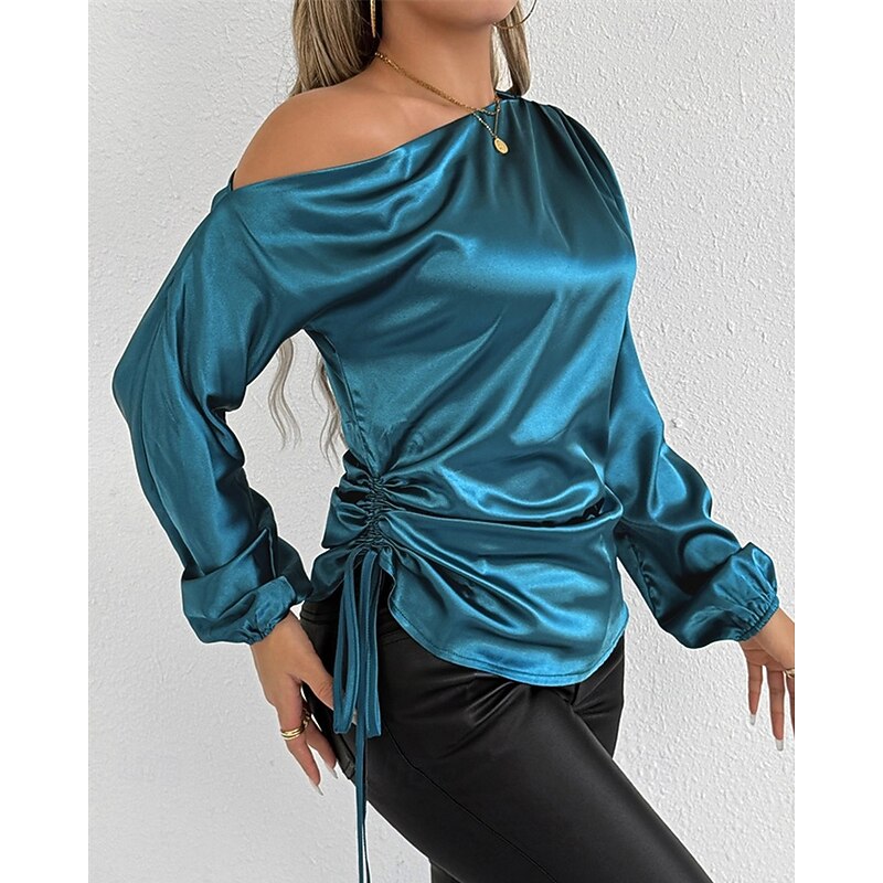 Women's Shirt Elegant Dressy Satin Solid Color Elegant Stylish Basic Long Sleeve Off Shoulder Cold Shoulder Regular Tops Daily Going out Asymmetric Blue Spring Fall3