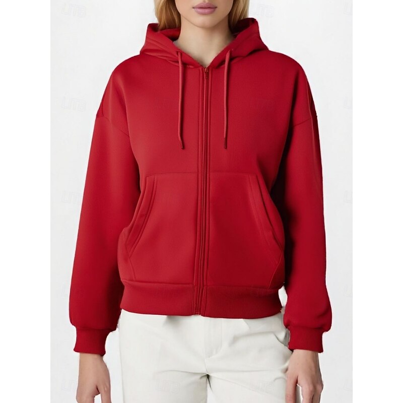 Women's Casual Jacket Hoodie Jacket Comfortable Breathable Zipper Pocket Casual Plain Vacation Street Casual Daily Wear Zipper Regular Hooded Regular Fit Long Sleeve Outerwear Black Red Purple Spring2
