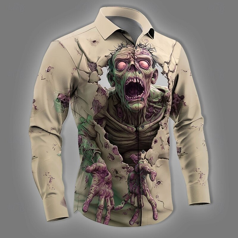 Halloween Men's Zombies Skeleton Horror Shirt Button Up Shirt Long Sleeve Dark Gothic Style Holiday Streetwear Spring Fall Turndown 3D Print Collared Shirts Blue Green Khaki2