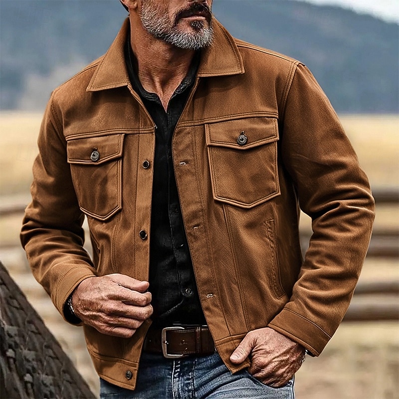Men's Faux Suede Jacket Cargo Jacket Casual Jacket Vacation Daily Warm Pocket Fall Winter Plain Fashion Classic Lapel Regular Black Khaki Coffee Gray Jacket