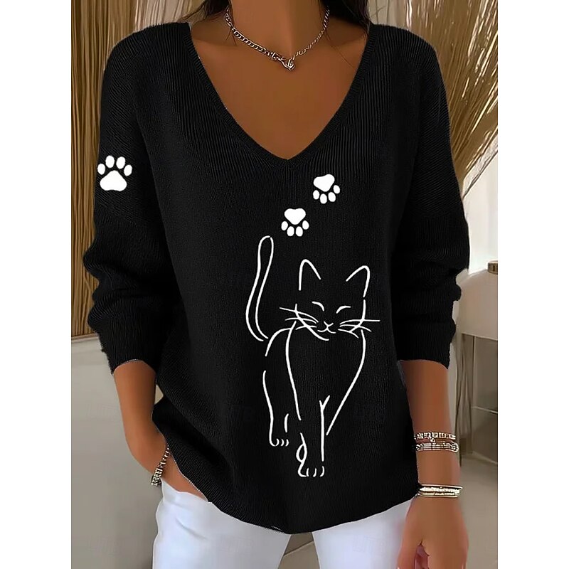 Women's Sweater Pullover Fashion Streetwear Casual Graphic Animal V Neck Oversized Knitted Long Sleeve Regular Tops Knit Outdoor Daily Black Blue Spring Fall