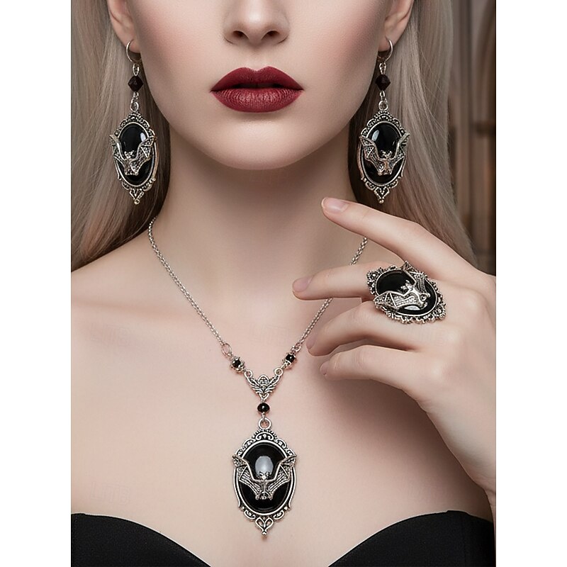 Women's Halloween Gothic Jewelry Set with Bat Necklace, Earrings and Ring – Vintage Punk Style Costume Accessories for Parties and Cosplay