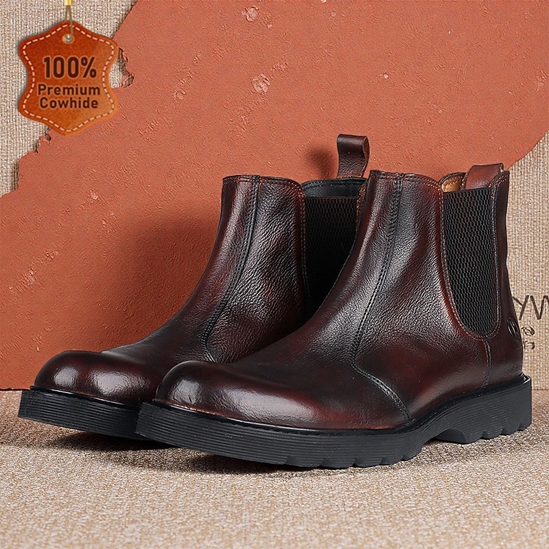 Men's Brown Leather Chelsea Boots – Classic Slip-On Ankle Boots with Elastic Side Panels for Business, Casual and Daily Wear - Main Image