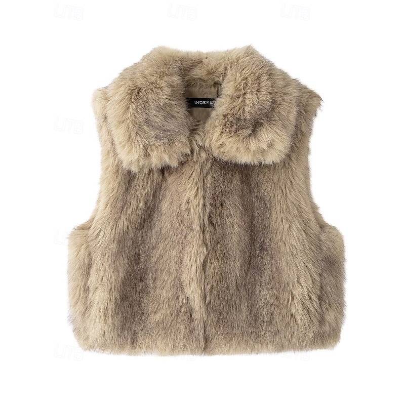 Women's Vest Faux Fur Coat Comfortable Furs & Leathers Fashion Casual Plain Vacation Street Casual Daily Wear Short Regular Turndown Regular Fit Sleeveless Outerwear Brown Fall Winter