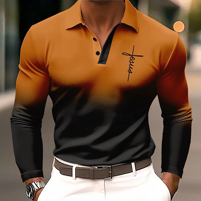 Men's Ombre Polo Long Sleeve Polo Shirts Lapel Vintage Casual Athleisure Daily Wear 3D Print Buttons Spring Fall Winter Blue Orange Gray