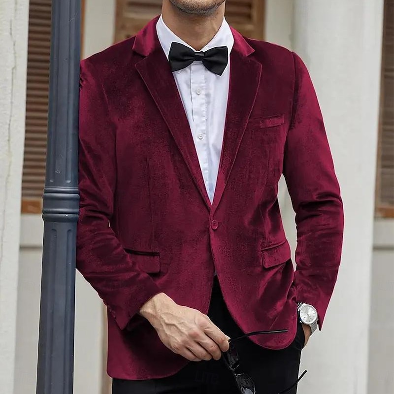 Men's Blazer Jacket Notch Collar Casual Solid Colored Velvet Blazer Burgundy Purple Tailored Fit Single Breasted One-button