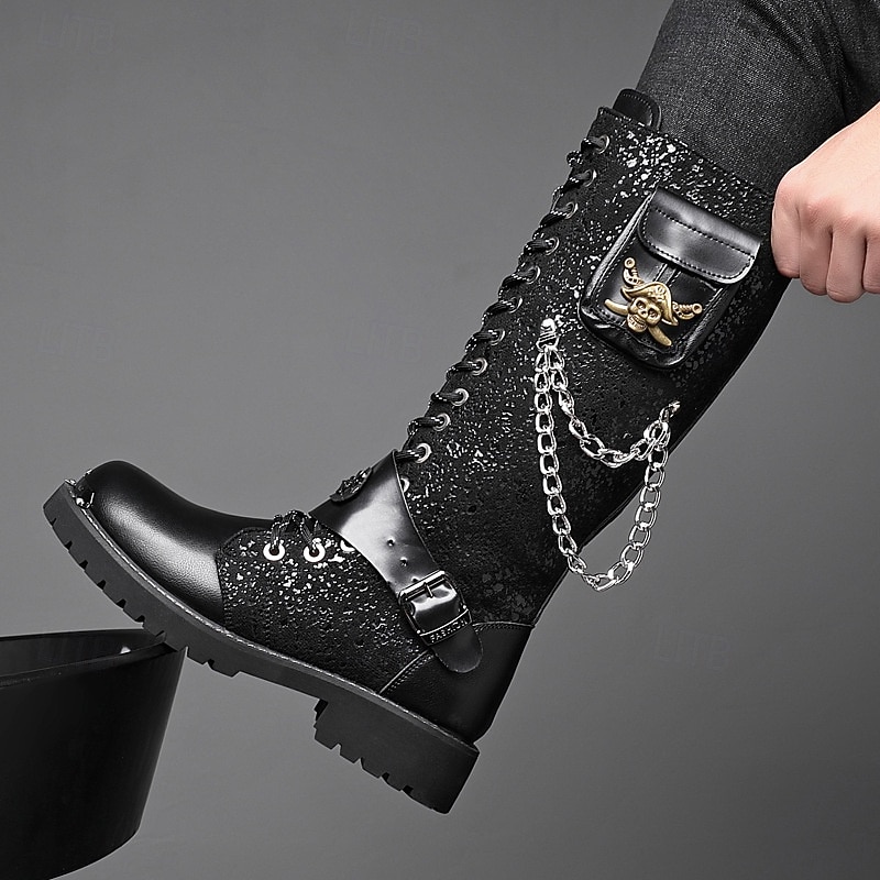 Men's Black Punk Gothic Boots Tall Lace-Up Combat Boots with Skull and Metal Chain Details for Halloween Parties, Horror Cosplay and Themed Festivals2