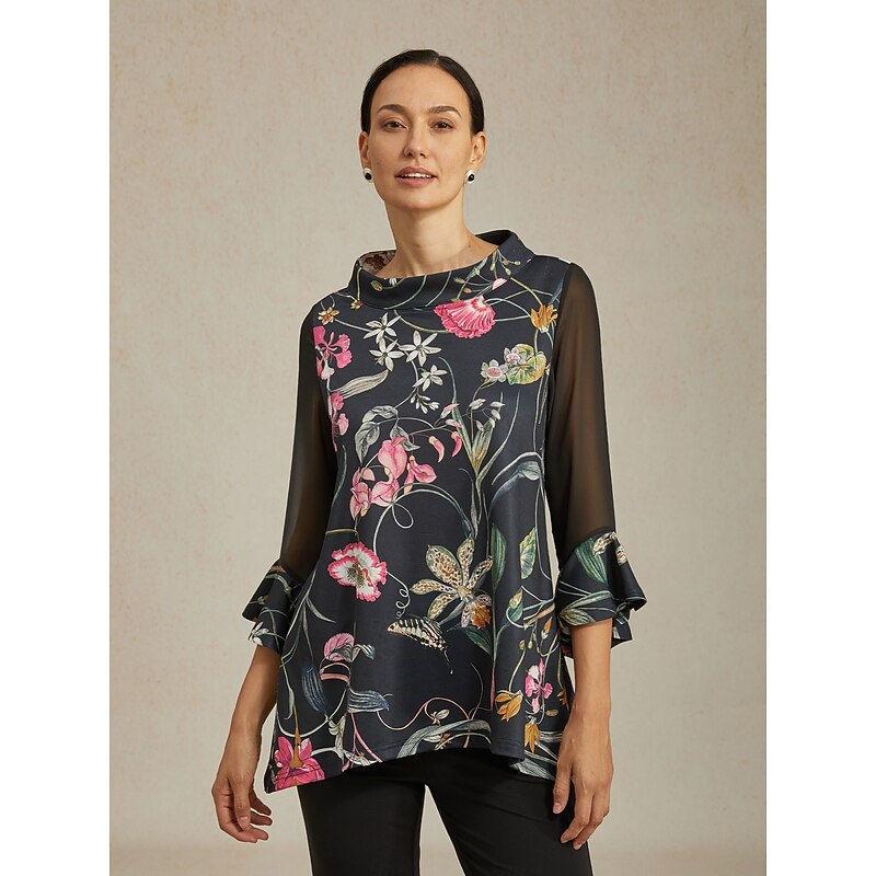 Women's Blouse Black Floral Print Stretch Chiffon Sleeves Bateau Neckline Casual Daily Spring Summer Fall
