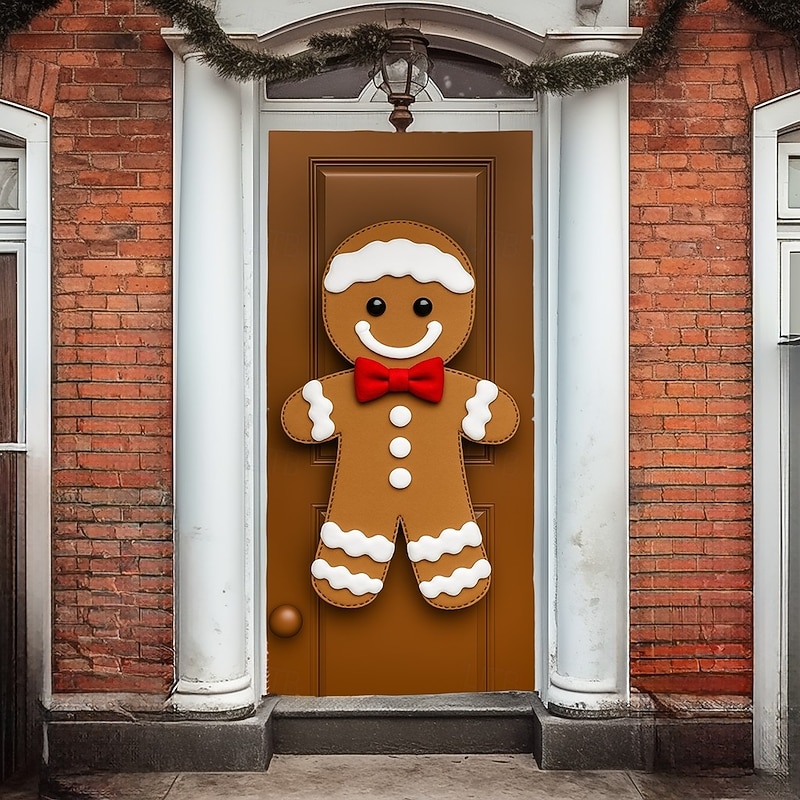 Christmas Door Cover, Gingerbread Man Holiday Door Curtain, 2025 Xmas Festive Front Door Hanging for Party, Porch Entryway Home Decoration2