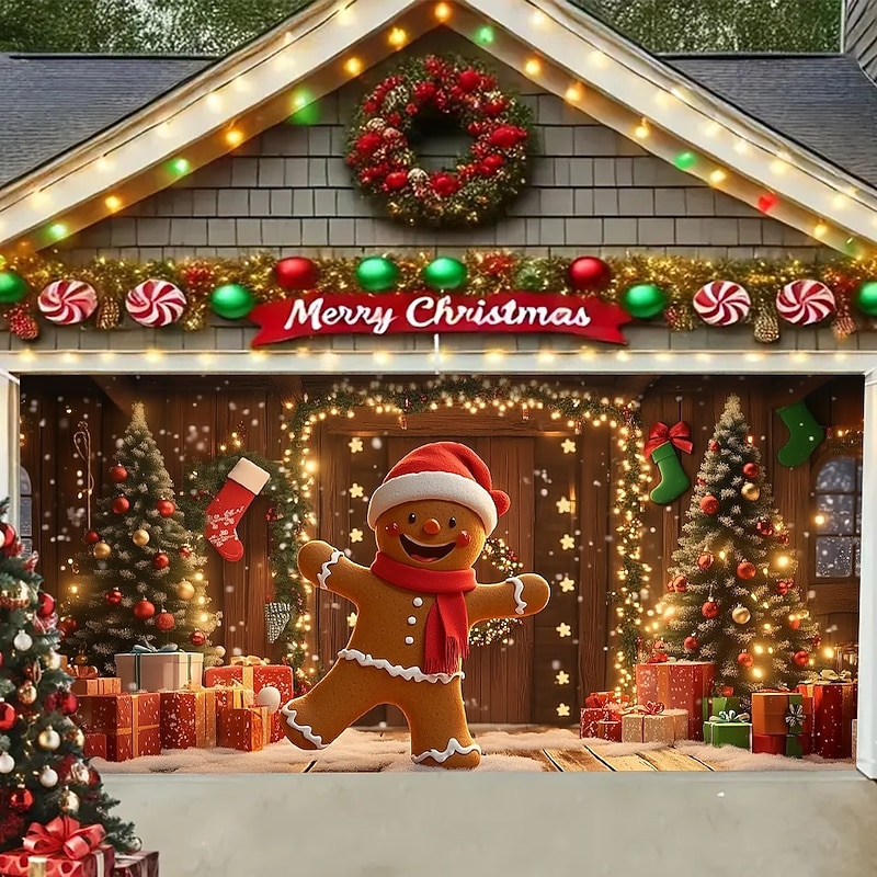 Christmas Outdoor Garage Door Cover Gingerbread Man Christmas Tree Stocking Gift Santa Hat Large Tapestry Backdrop Holiday Party Wall Decoration For Outdoor Garage Door Home Festival Celebration Decor