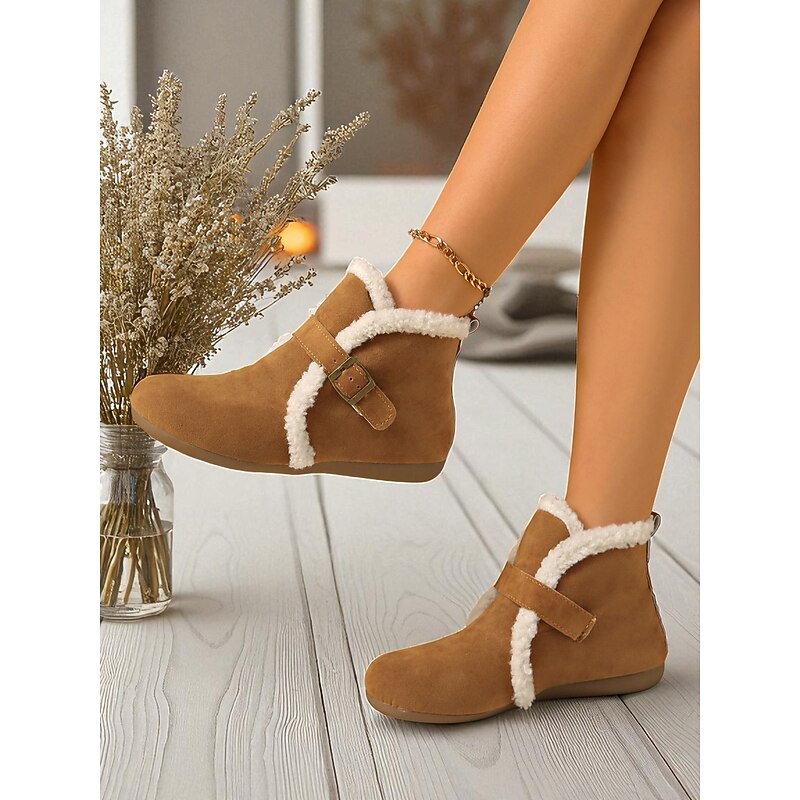 Women's Brown Faux Suede Ankle Boots with Shearling Lining and Buckle Strap – Warm Winter Casual Shoes for Winter Outdoor and Casual Wear4