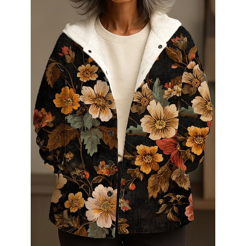 Women's Winter Coat Winter Jacket Warm Quick Dry Buttons Daily Modern Casual Comfortable Floral Vacation Casual Athleisure Daily Regular Hooded Regular Fit Long Sleeve Outerwear Yellow Pink Blue
