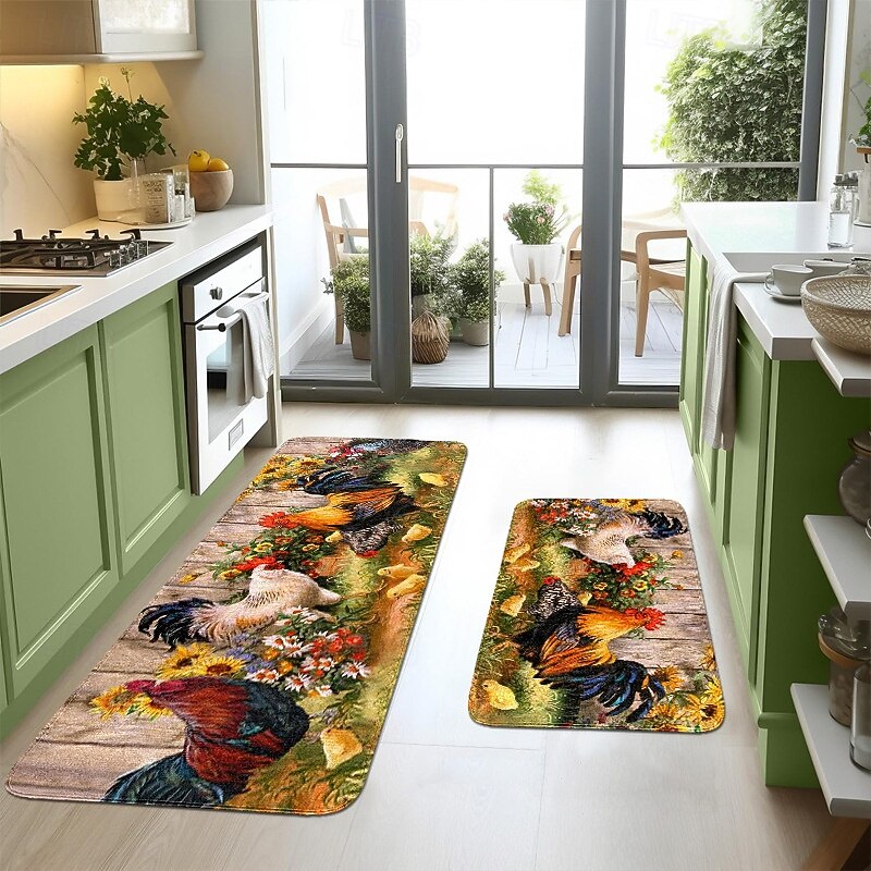 Kitchen Rugs & Mats Non-Skid Washable Anti-Fatigue, Non-Slip Absorbent Flannel Runner Rubber Backed for Floors, Machine Washable Farmhouse Rooster Standing Mats for Sink, Laundry Room, Hallway4