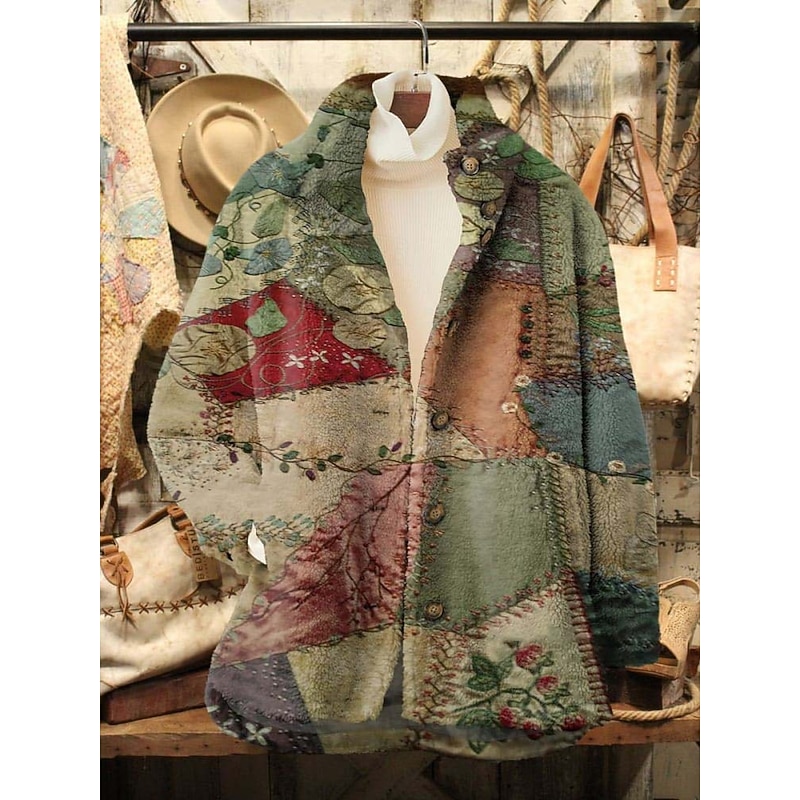 Women's Fleece Jacket Casual Jacket Comfortable Breathable Pocket Print Casual Floral Vacation Street Casual Daily Wear Zipper Long Turndown Regular Fit Long Sleeve Outerwear Blue Dark Green Green3