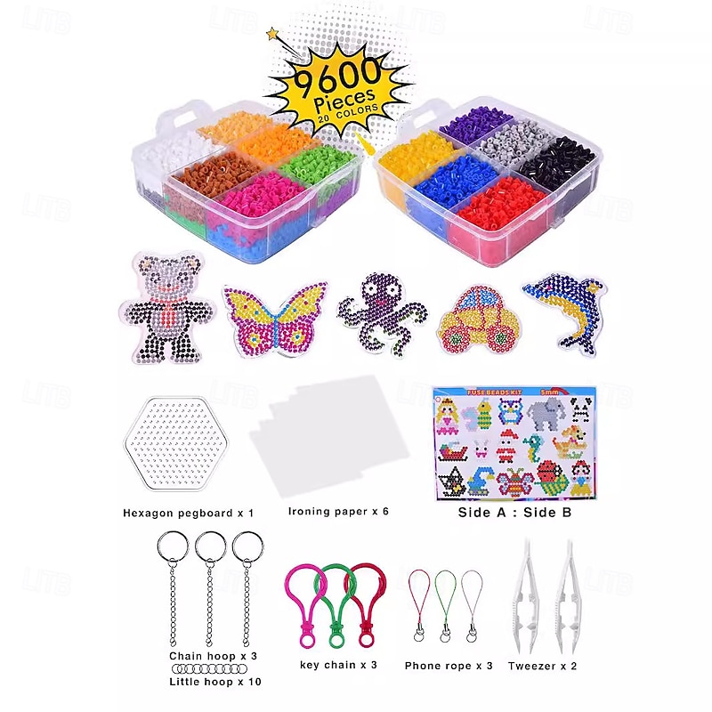 9600pcs 5mm 18 Colors Fuse Beads Kit with Storage Box, Home School Arts and Crafts Supplies for Kids, Toys Set, Art Decorations for Room, Gifts for Girls and Boys Age 5+4