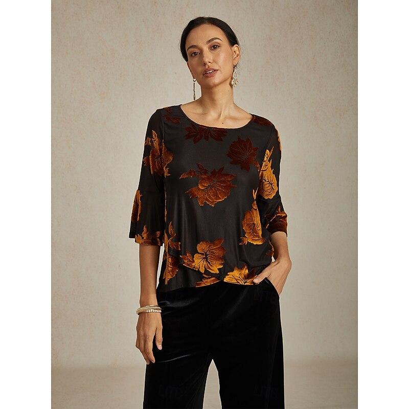 Women's Blouse Dressy Tops Velvet Floral Elegant Stylish Casual Crew Neck Regular Tops Wedding Guest Daily Brown Fall Winter - Main Image