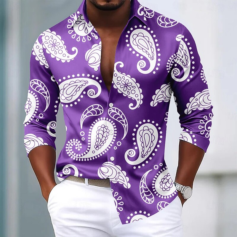 Men's Paisley Floral Print Ethnic Shirt Satin Shirt Dress Shirt Long Sleeve Vintage Retro Vacation Dailywear Summer Spring Fall Turndown 3D Print Button Up Shirts Black Blue Purple Khaki3