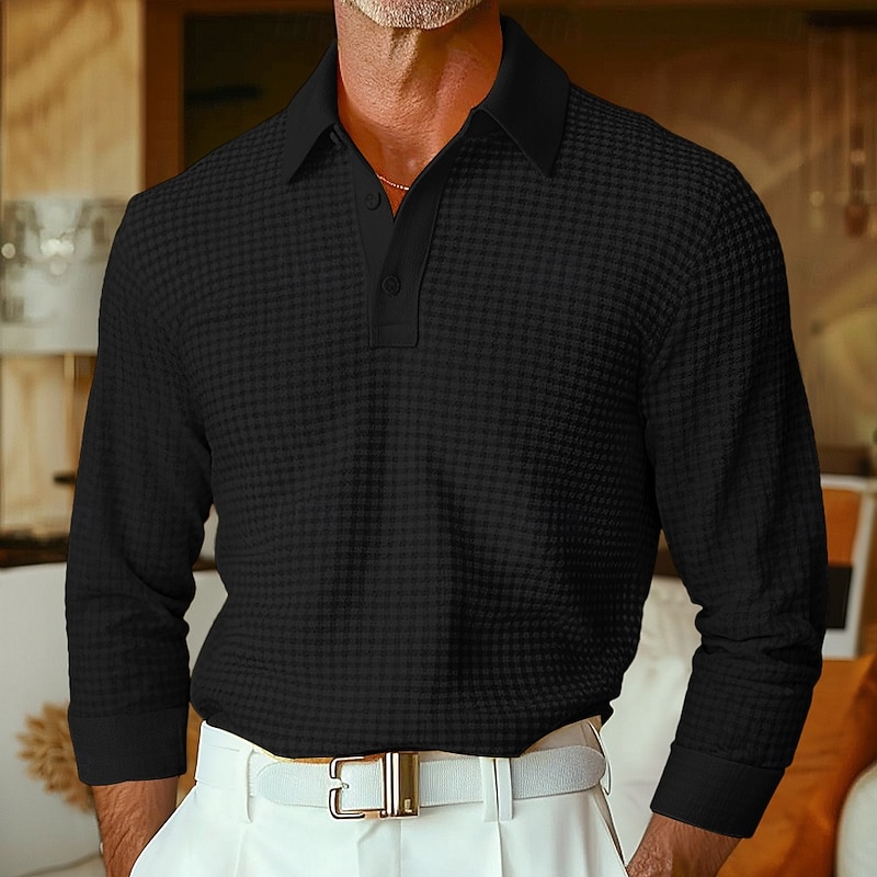 Men's Waffle Polo Shirts Golf Shirt Street Casual Lapel Long Sleeve Basic Modern Plain Textured Buttons Spring Fall All Seasons Regular Fit BlueGray Black White Yellow Red Grey Waffle Polo Shirts3