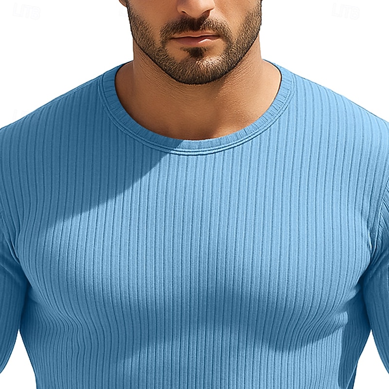Men's T Shirt Ribbed Knit tee Tee Top Long Sleeve Shirt Long Sleeve Crew Neck Spring Fall All Seasons Plain Textured Pit Strip Fashion Designer Basic Knitting Vacation Street Casual Black Blue Purple2