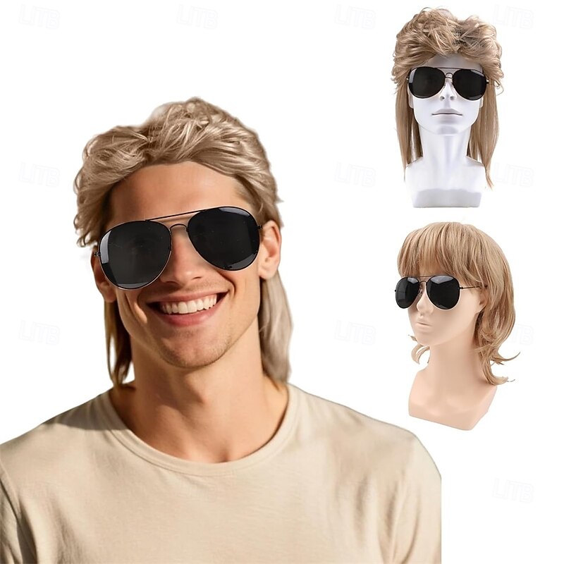 Mullet Wigs for Men Retro Cosplay Blonde Mullet Wig for Fancy Dress Include Glasses