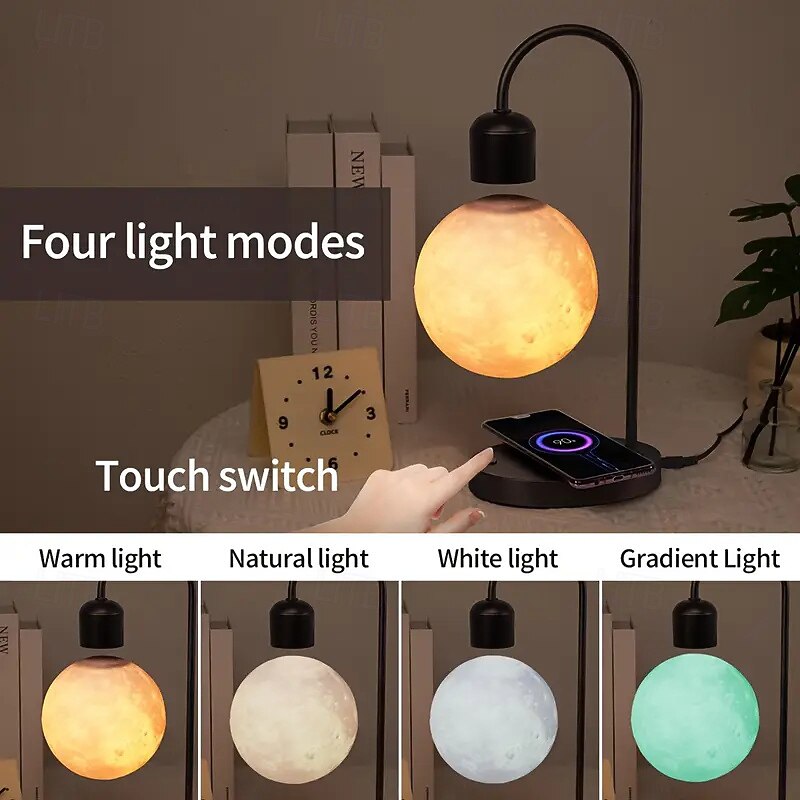 Magnetic Levitation Moon Lamp Desktop Lamp 15W Wireless Phone Charger 3-Color Adjustable 3D Touch-Sensitive Moonlight Ambient Night Light3