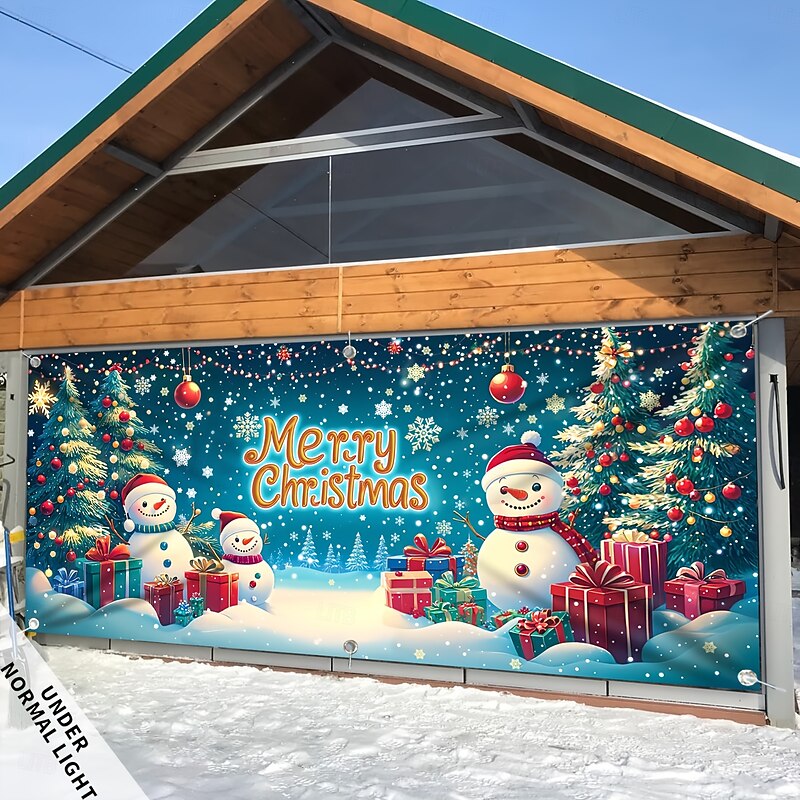 Christmas Snow Scene Garage Door Cover Photograph Backdrop, Holiday Wall Hanging Decorative Background for Home, Living Room, or Party2