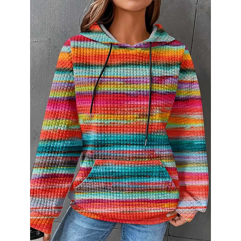 Women's Pullover Hoodie Sweatshirt Striped Casual Long Sleeve Hooded Regular Tops Street Dailywear Pocket Print Blue Purple Orange Green Fall Winter