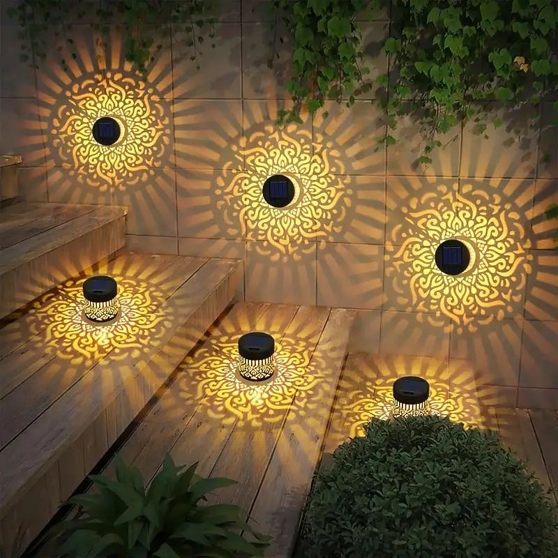 1/2/4PCS Solar Wall Light Metal Lantern Solar Outdoor Deck Step Light Mandala Theme Waterproof LED Solar Landscape Projector Light for Christmas Garden Pillar Terrace Yard Decoration