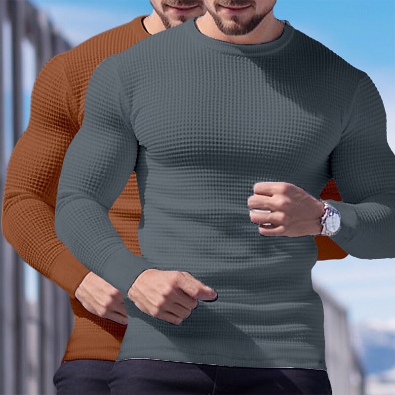 2 Piece Men's Waffle Shirt T Shirt Tee Top Long Sleeve Shirt Long Sleeve Crew Neck Crewneck Fall Spring & Fall Plain Fashion Designer Basic Knitted Vacation Street Casual  Top Tee for Men3