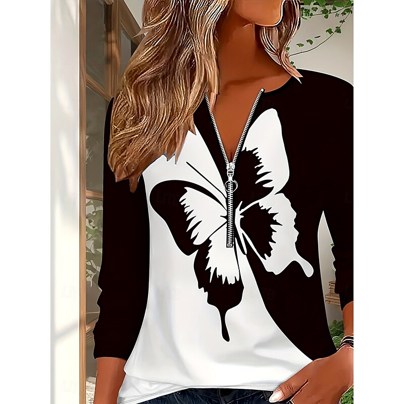 Women's T Shirt Graphic Color Block Butterfly Vintage Stylish Classic Long Sleeve V Neck Regular Tops Daily Weekend Zipper Print Black and White Fall Winter3