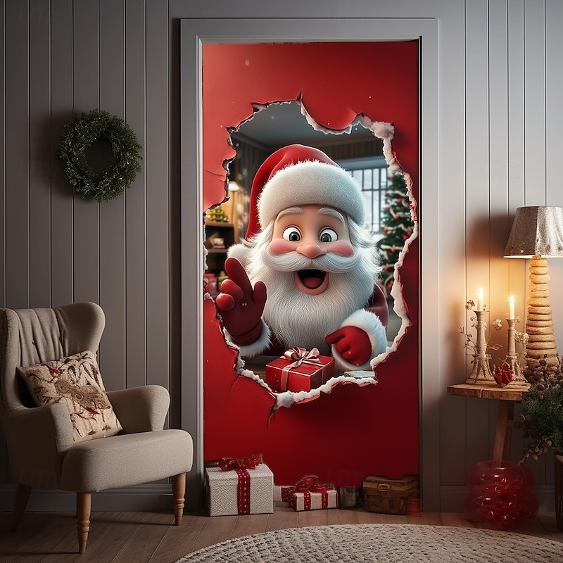 Christmas Door Cover Holiday Curtain Decoration Winter Theme Drapes Featuring Classic Santa Claus Breaking Through Wall Print Large Fabric Panel Festive Home Decor For Living Room Bedroom Entryway