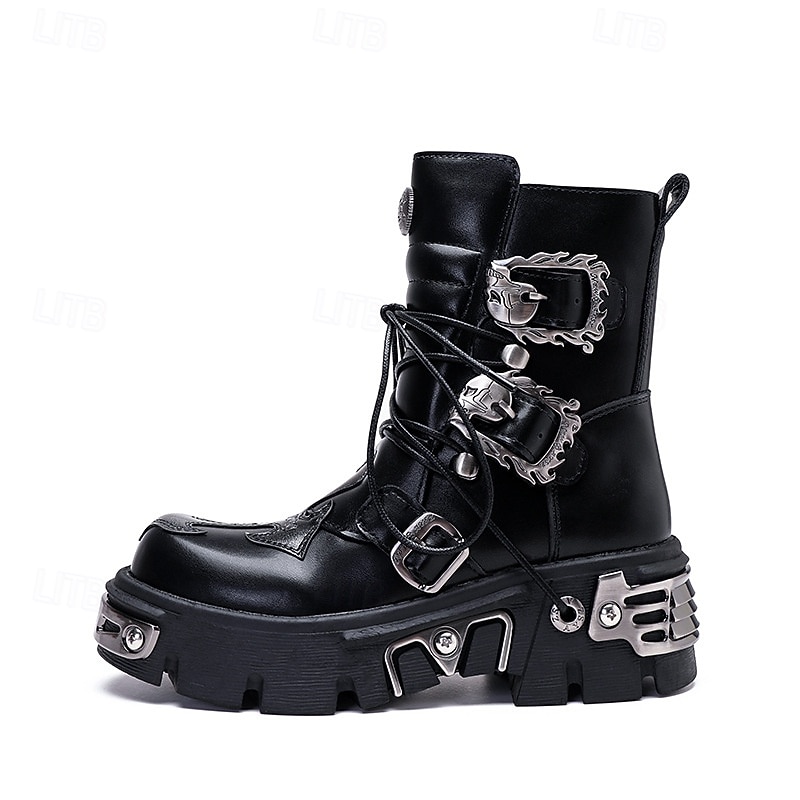 Men's Black Gothic Platform Boots Heavy Duty Lace-Up Biker Boots with Buckles and Metal Accents for Halloween Parties, Cosplay Costumes and Stage Performances4