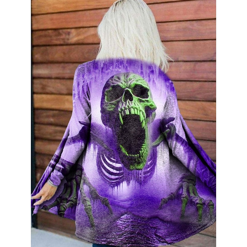 Women's Coat Lightweight Comfortable Print Open Front Vintage Artistic Casual Halloween Skull Casual Short Collarless Regular Fit Long Sleeve Outerwear Blue Purple Orange Spring Fall3