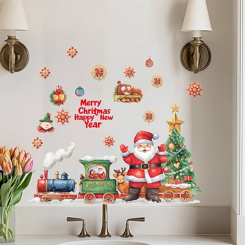 Christmas Sticker Wall Decals Cartoon Santa Claus Train Christmas Tree Gift Removable Vinyl Mural Holiday Party Background Wall Decoration For Bedroom Living Room
