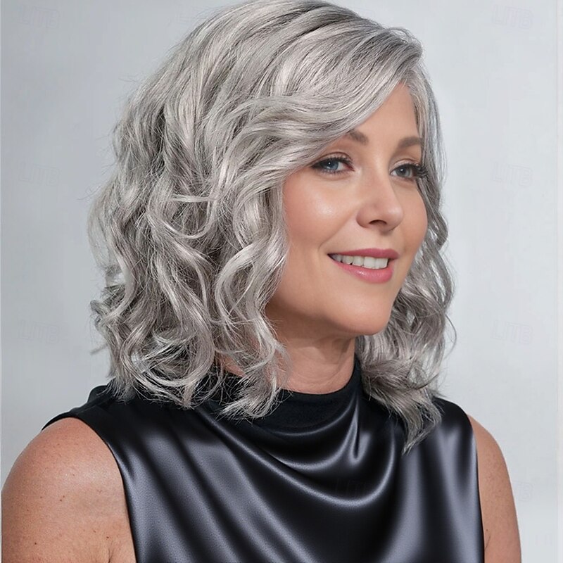 Women’s Silver Grey Shoulder Length Wavy Wig Natural Looking Realistic Synthetic Hair Heat Resistant Side Part Elegant Daily Wear Fashion Style2