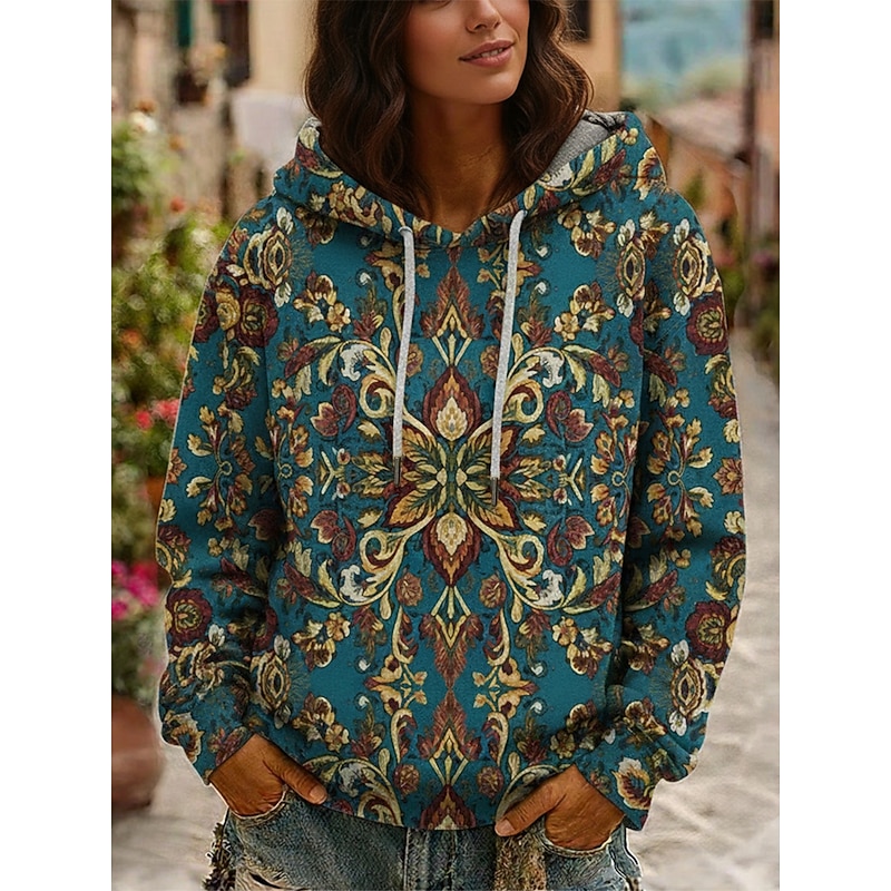 Women's Pullover Hoodies Floral Vintage Streetwear Long Sleeve Hooded Regular Tops Dailywear Casual Drawstring Print Navy Blue Green Spring Fall3