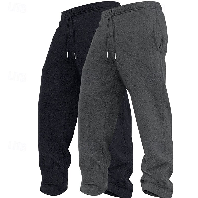 Men's Sweatpants Fleece Pants Trousers Casual Pants Straight Leg Sweatpants Drawstring Elastic Waist Plain Comfort Warm Full Length Outdoor Daily Going out Fashion Ethnic Style Black+Navy Blue2