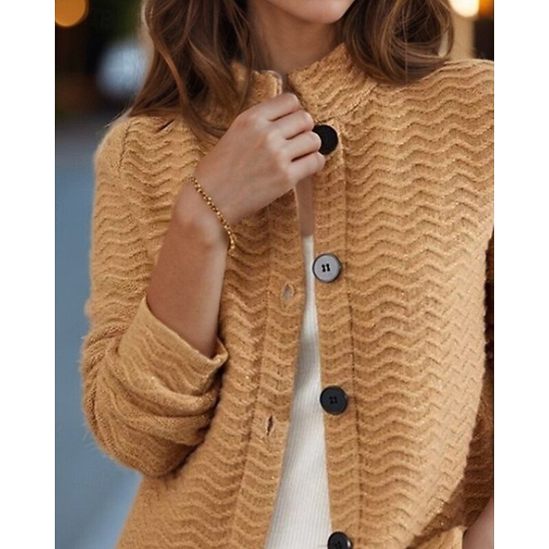 Women's Sweater Cardigan Streetwear Casual Solid Color Cable Crew Neck Buttons Knitted Long Sleeve Regular Tops Knit Outdoor Daily Holiday Brown Fall Winter3