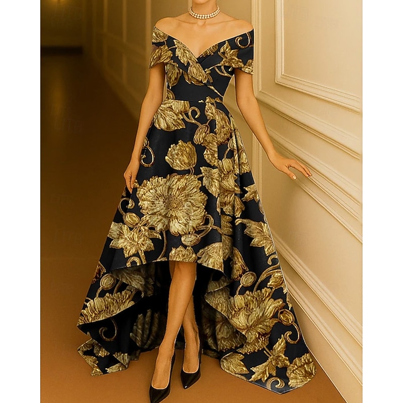 Black and Gold Floral Jacquard A-Line Evening Gown High-low Dress Elegant Formal Dress Formal Wedding Floor Length Sleeveless Off Shoulder Pocket Nylon with Pleats 2025