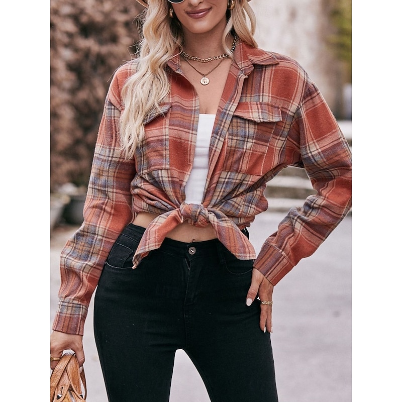 Women's Shirt Plaid Vintage Tropical Stylish Long Sleeve Shirt Collar Crop Tops Daily Pocket Buttons Print Yellow Red Light Brown Blue Brown Spring Fall2